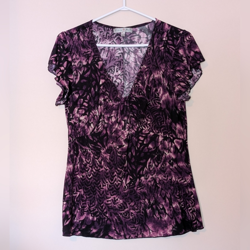 Vintage Suzie, Purple Patterned V-Neck Blouse, Size Large